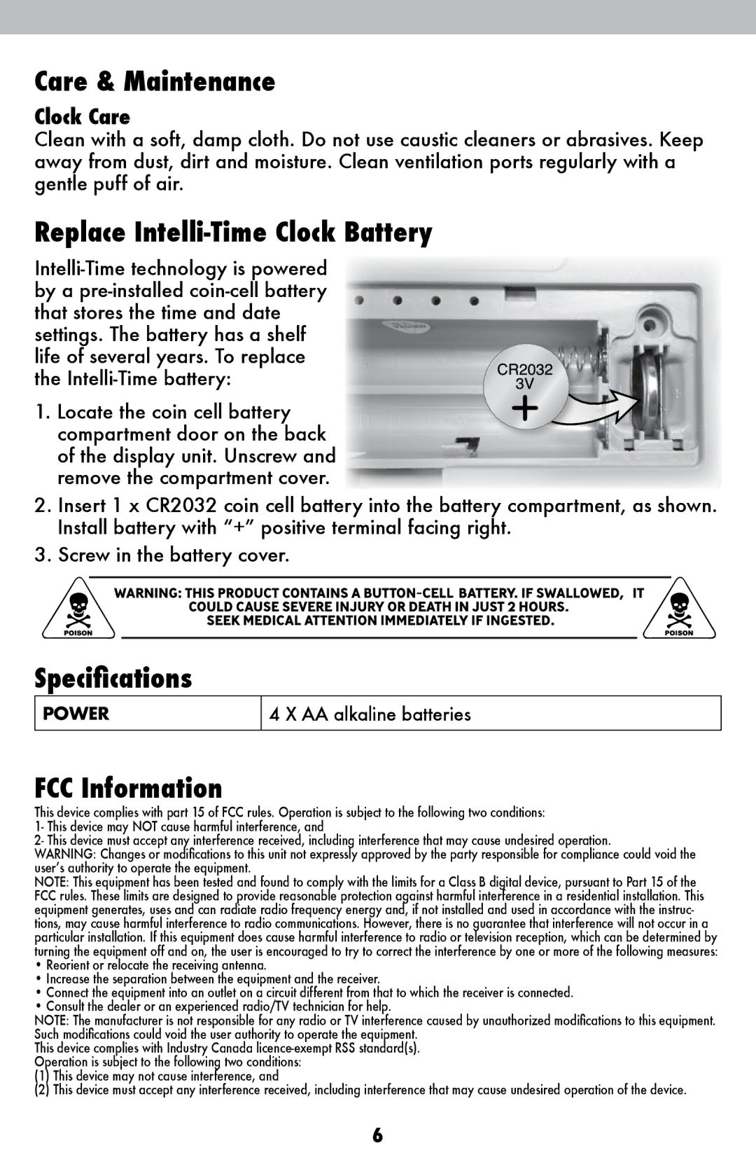 Timex 75071T instruction manual Care & Maintenance, Replace Intelli-Time Clock Battery, Specifications, FCC Information 