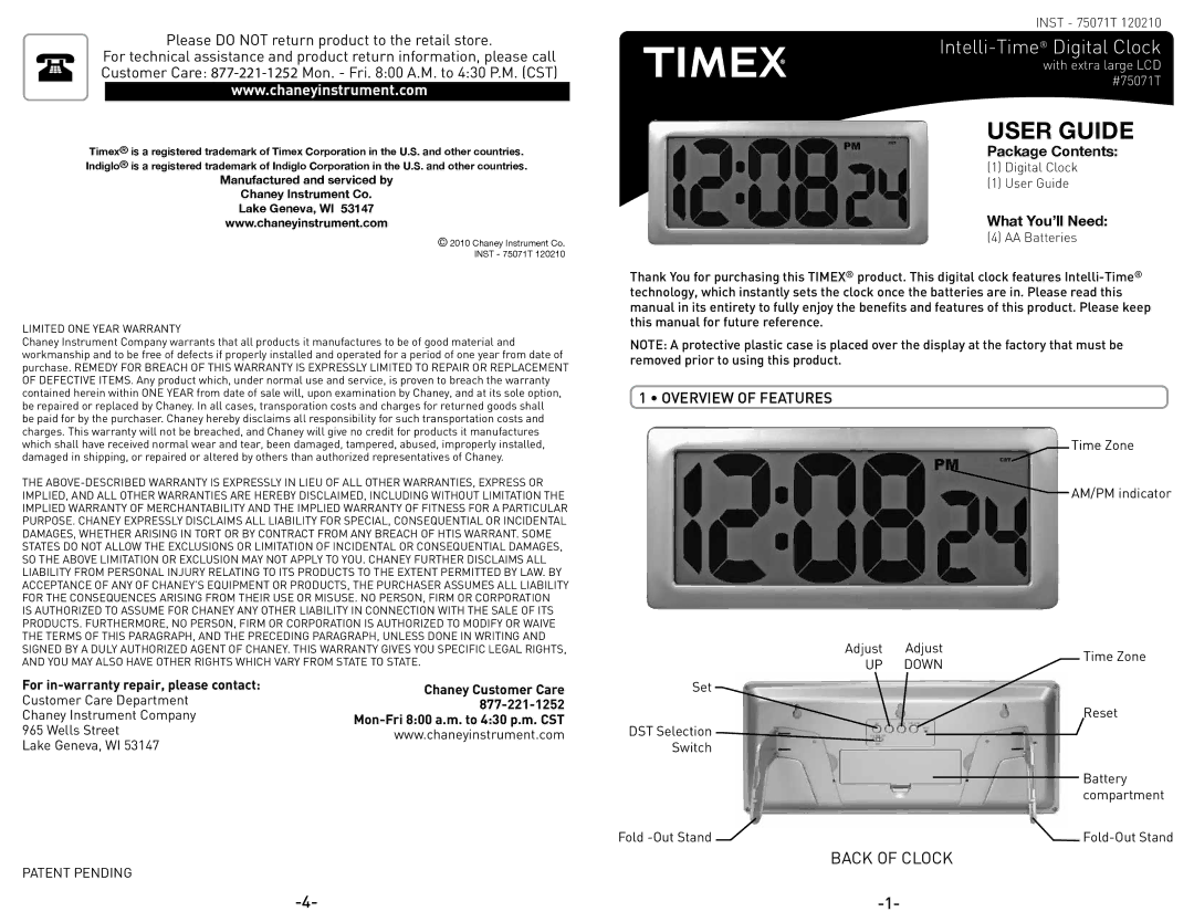 Timex 75071T warranty Please do not return product to the retail store, Overview of Features 