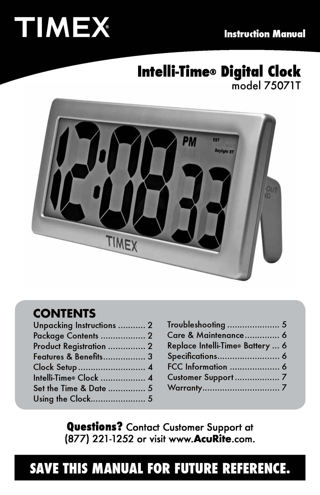 Timex instruction manual Contents, model 75071T, Instruction Manual, Intelli-Time Digital Clock 