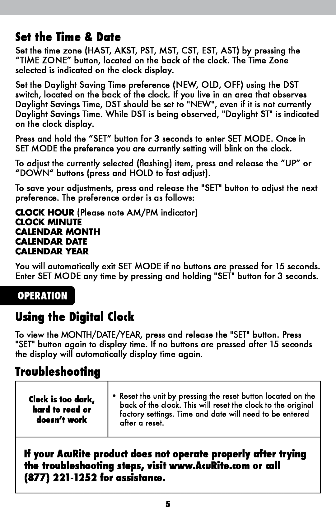 Timex 75071T instruction manual Set the Time & Date, Using the Digital Clock, Troubleshooting, Operation 