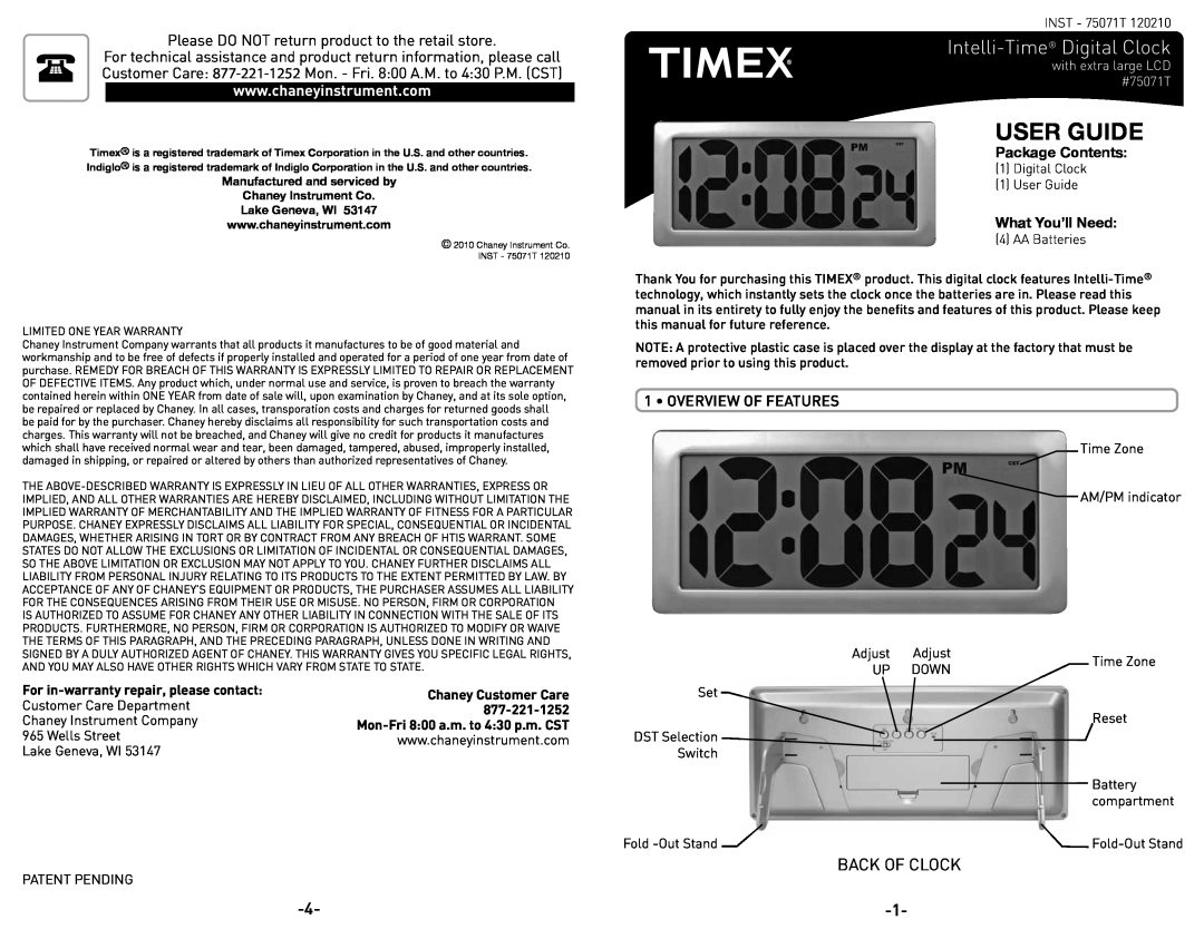 Timex 75071T warranty Please DO NOT return product to the retail store, Overview Of Features, Chaney Customer Care 