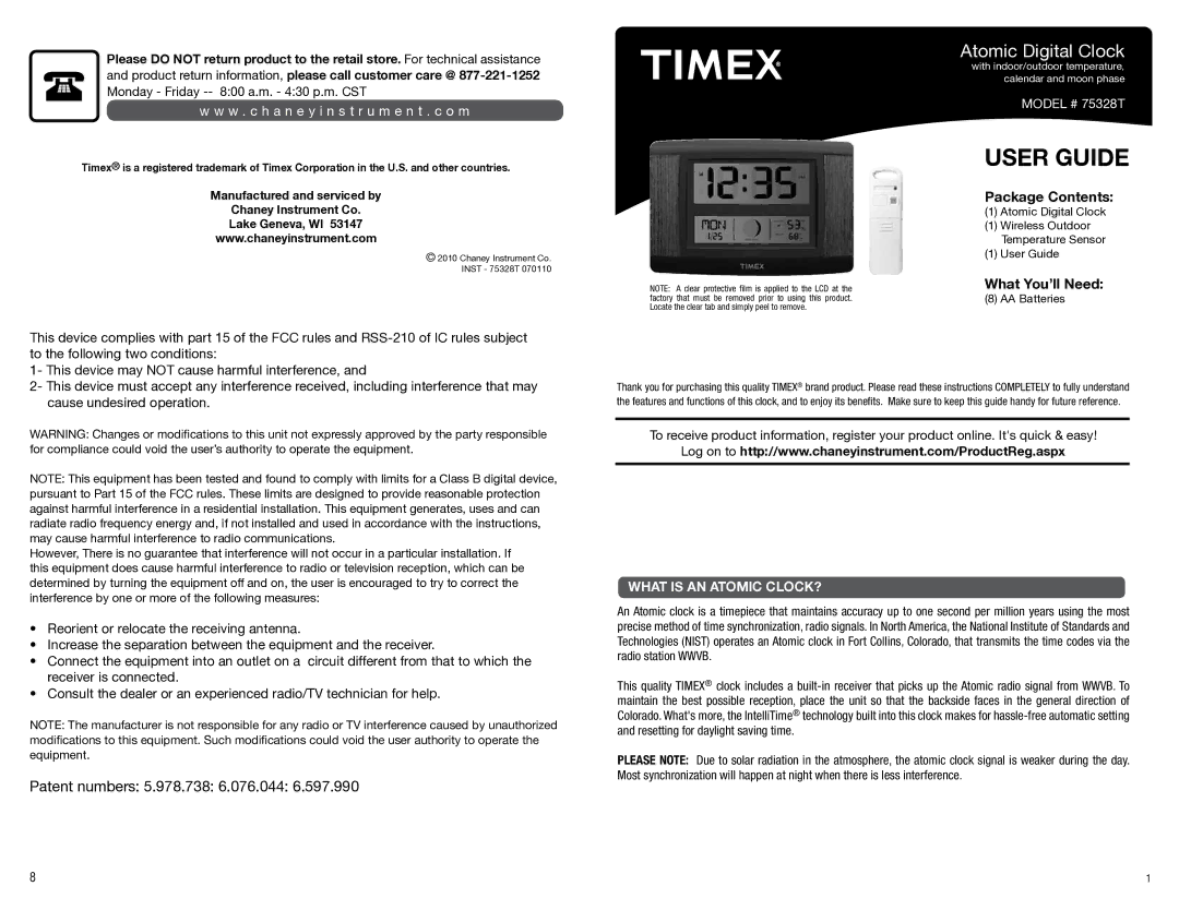 Timex 75328T manual Patent numbers 5.978.738 6.076.044, W . c h a n e y i n s t r u m e n t . c o m 