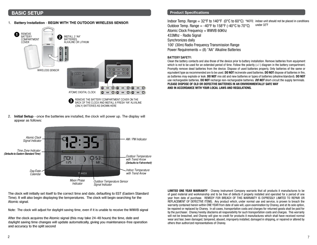 Timex 75328T manual Basic Setup, Battery Installation Begin with the Outdoor Wireless Sensor, Battery Safety 