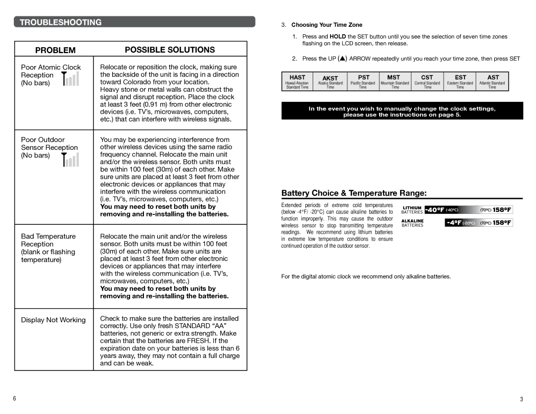 Timex 75328T manual Troubleshooting, Battery Choice & Temperature Range 