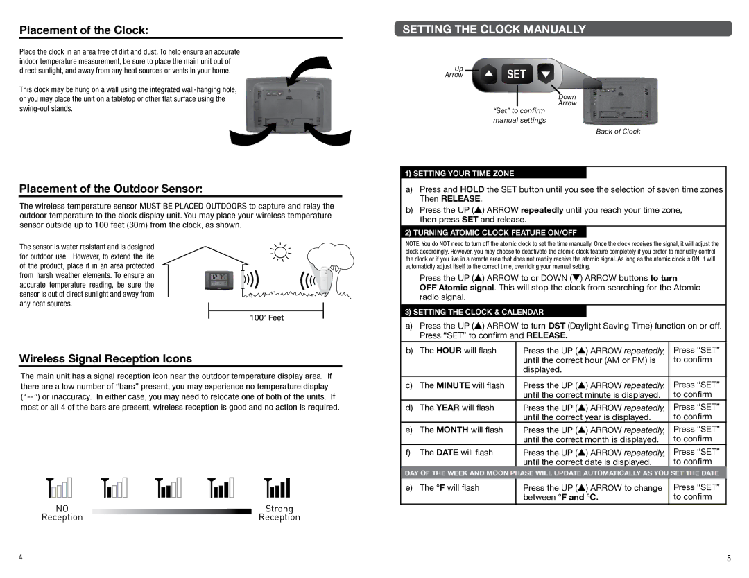 Timex 75328T manual Placement of the Clock, Placement of the Outdoor Sensor, Wireless Signal Reception Icons 