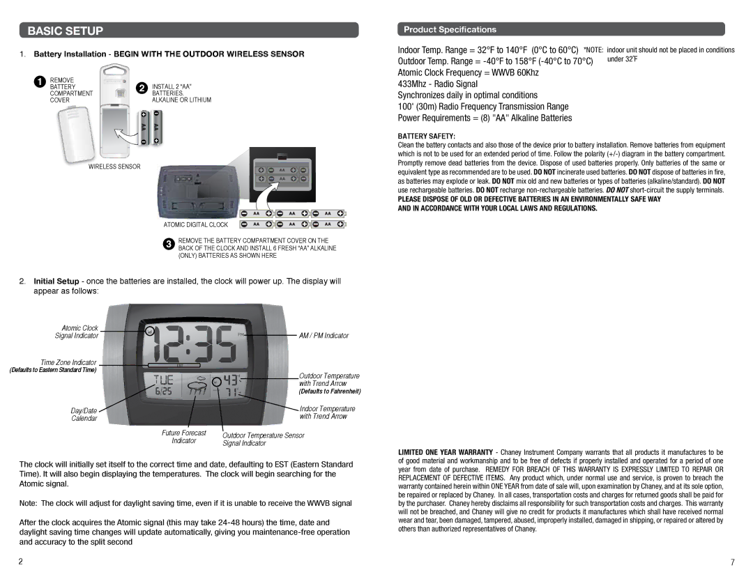 Timex 75329T 070110 manual Basic Setup, Battery Installation Begin with the Outdoor Wireless Sensor, Battery Safety 