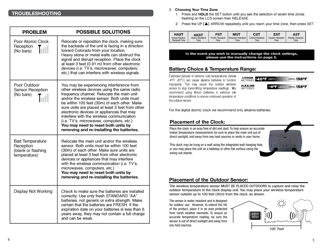 Timex 75329T Troubleshooting, Battery Choice & Temperature Range, Placement of the Clock, Placement of the Outdoor Sensor 