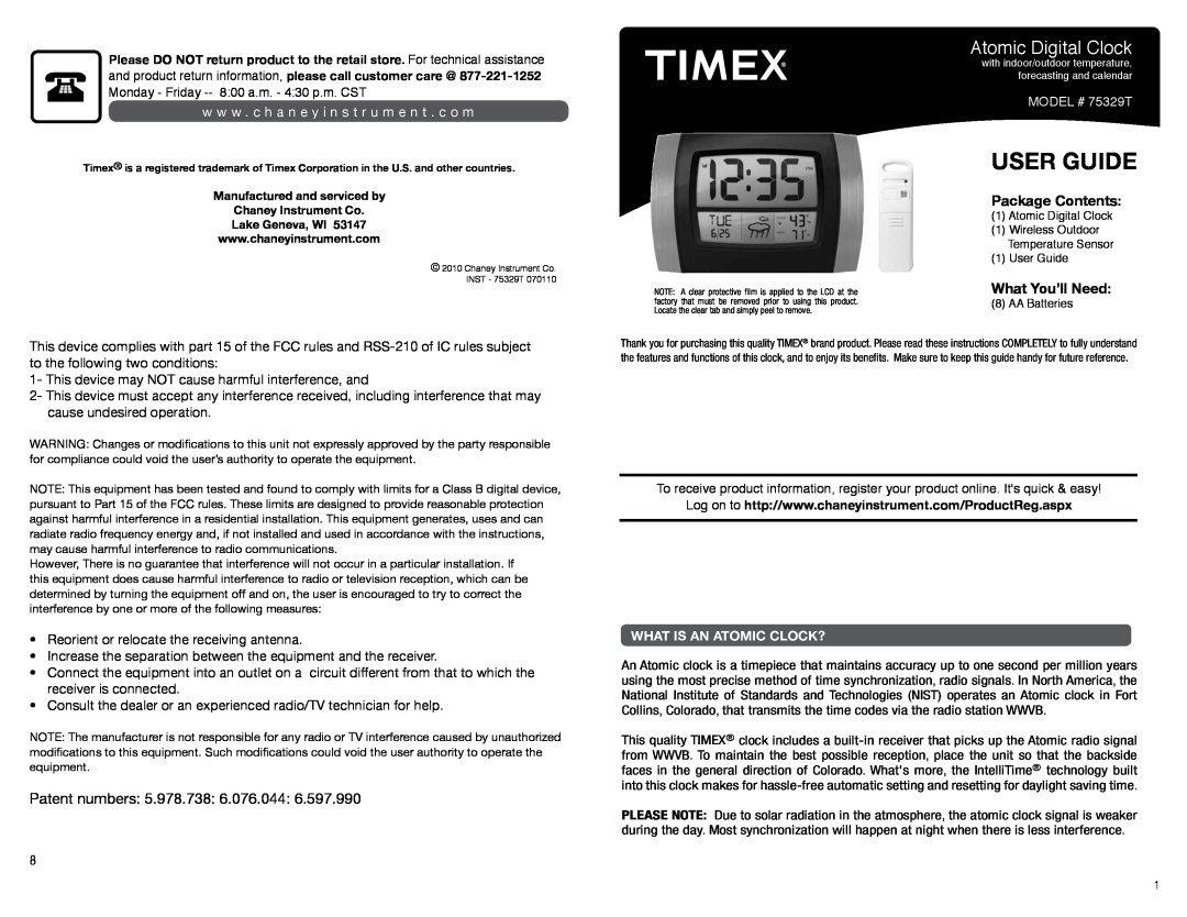 Timex manual User Guide, Atomic Digital Clock, Package Contents, What You’ll Need, Patent numbers, MODEL # 75329T 