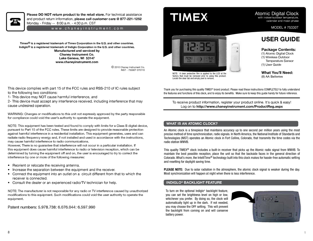 Timex 7533OT, 75330T manual Patent numbers 5.978.738 6.076.044, W . c h a n e y i n s t r u m e n t . c o m 