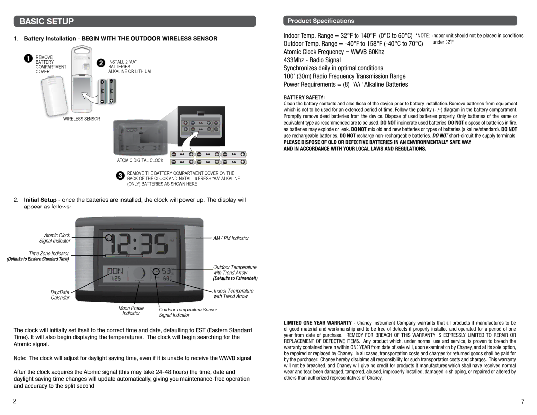 Timex 75330T, 7533OT manual Basic Setup, Battery Installation Begin with the Outdoor Wireless Sensor, Battery Safety 