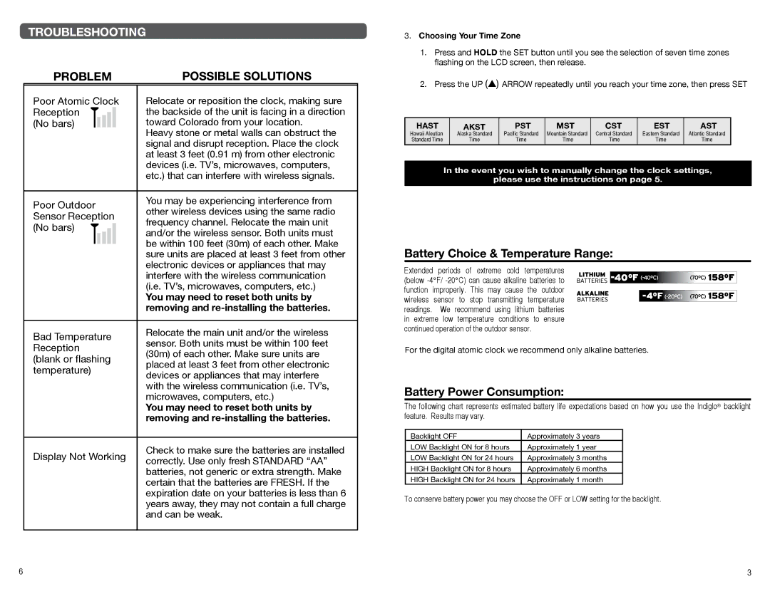 Timex 7533OT, 75330T manual Troubleshooting, Battery Choice & Temperature Range, Battery Power Consumption 