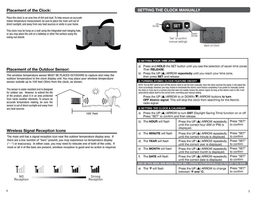 Timex 75330T, 7533OT manual Placement of the Clock, Placement of the Outdoor Sensor, Wireless Signal Reception Icons 