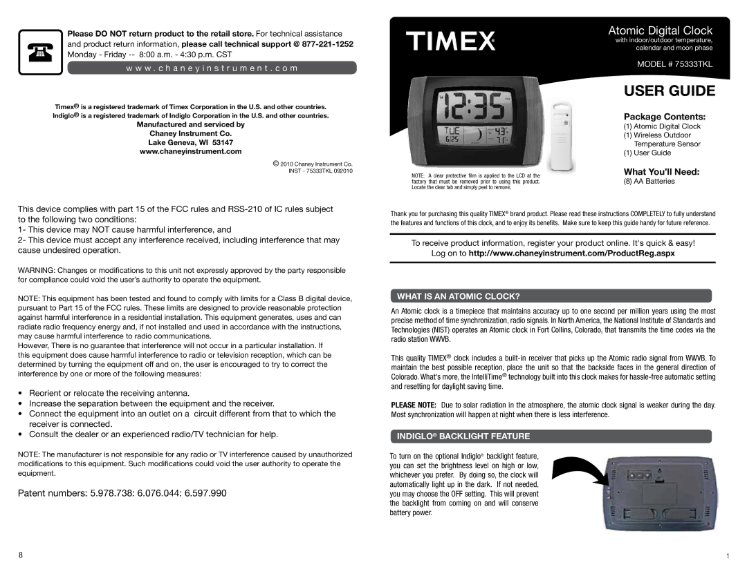 Timex 75333TKL, 75333txl manual Patent numbers 5.978.738 6.076.044, W . c h a n e y i n s t r u m e n t . c o m 