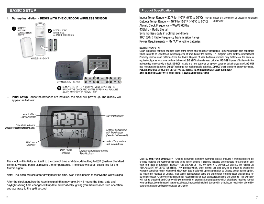 Timex 75333txl, 75333TKL manual Basic Setup, Battery Installation Begin with the Outdoor Wireless Sensor, Battery Safety 