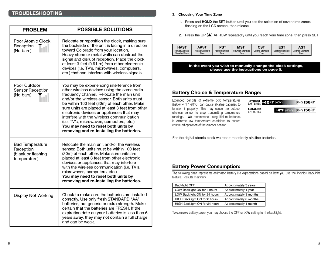 Timex 75333TKL, 75333txl manual Troubleshooting, Battery Choice & Temperature Range, Battery Power Consumption 
