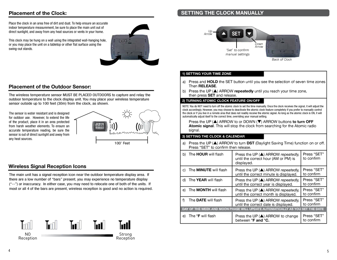 Timex 75333txl, 75333TKL manual Placement of the Clock, Placement of the Outdoor Sensor, Wireless Signal Reception Icons 