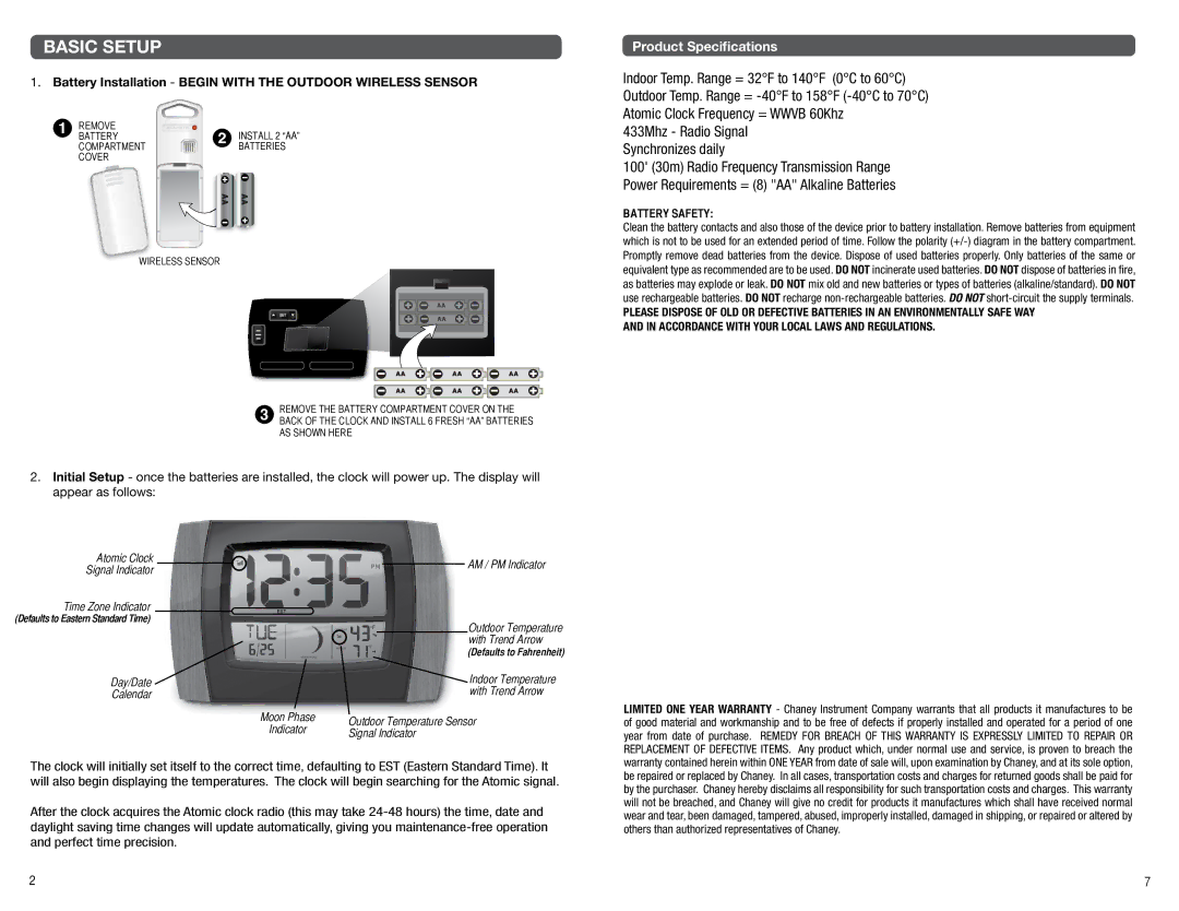 Timex 753424T manual Basic Setup, Battery Installation Begin with the Outdoor Wireless Sensor, Battery Safety 