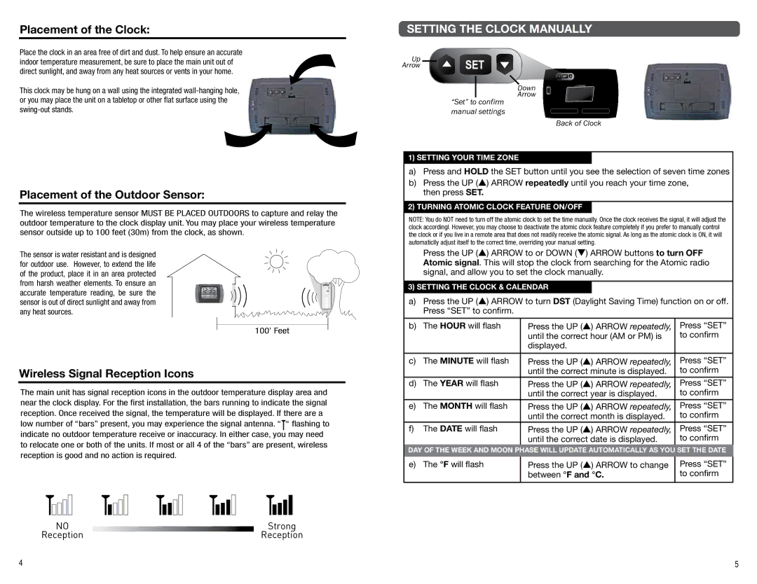 Timex 753424T manual Placement of the Clock, Placement of the Outdoor Sensor, Wireless Signal Reception Icons 