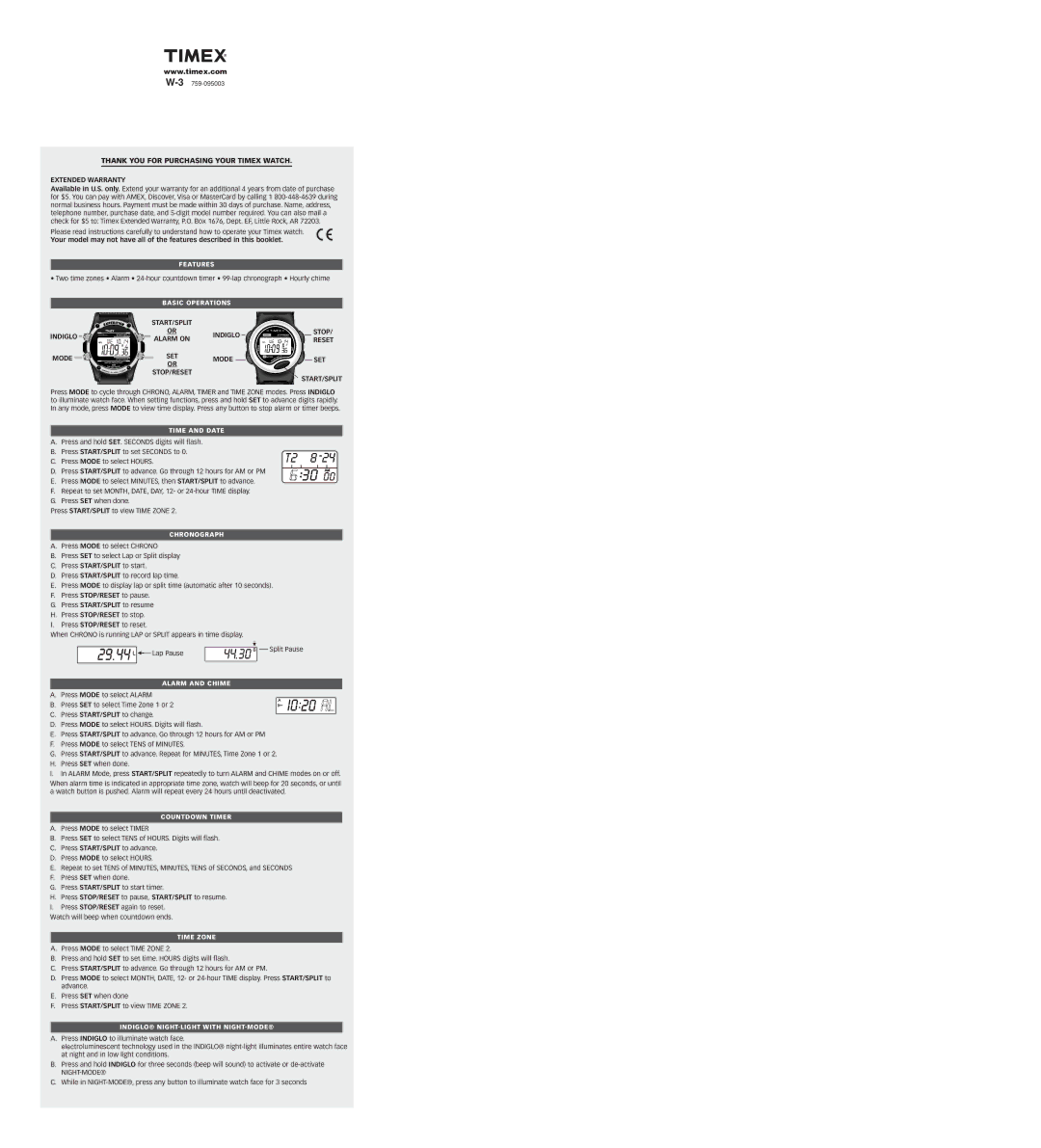 Timex 759-095003 warranty Thank YOU for Purchasing Your Timex Watch, Extended Warranty, Indiglo Stop Alarm on Reset Mode 