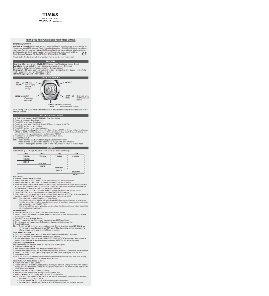 Timex 895-095000 warranty Features, Basic Operations, TIME/DATE/HOURLY Chime, Chrono 