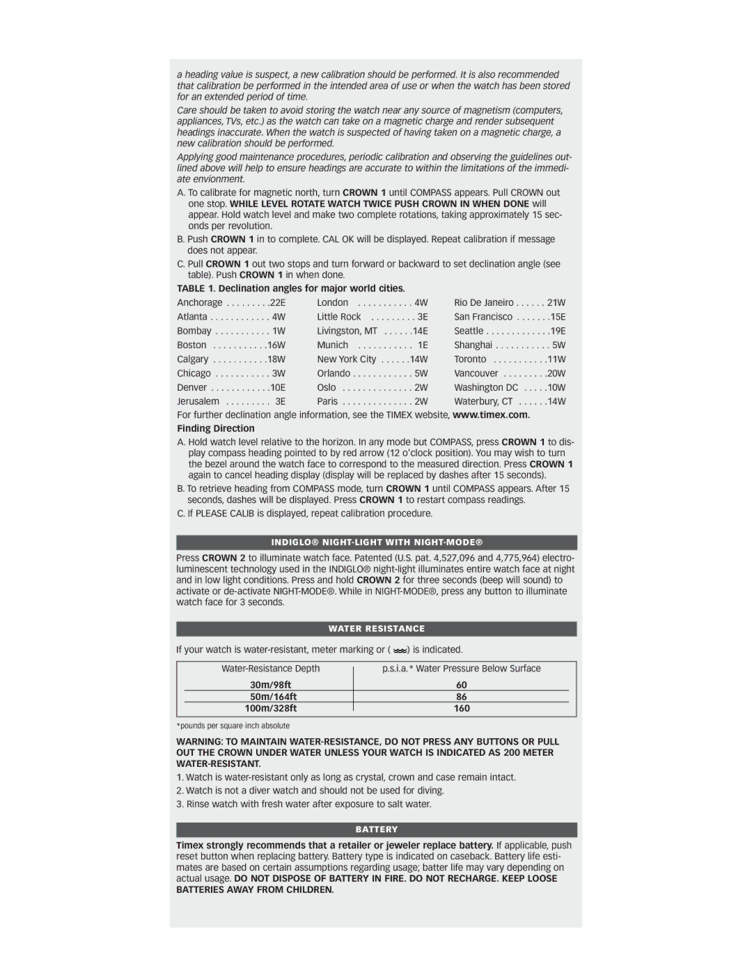 Timex 941 warranty Declination angles for major world cities, Finding Direction, Batteries Away from Children 