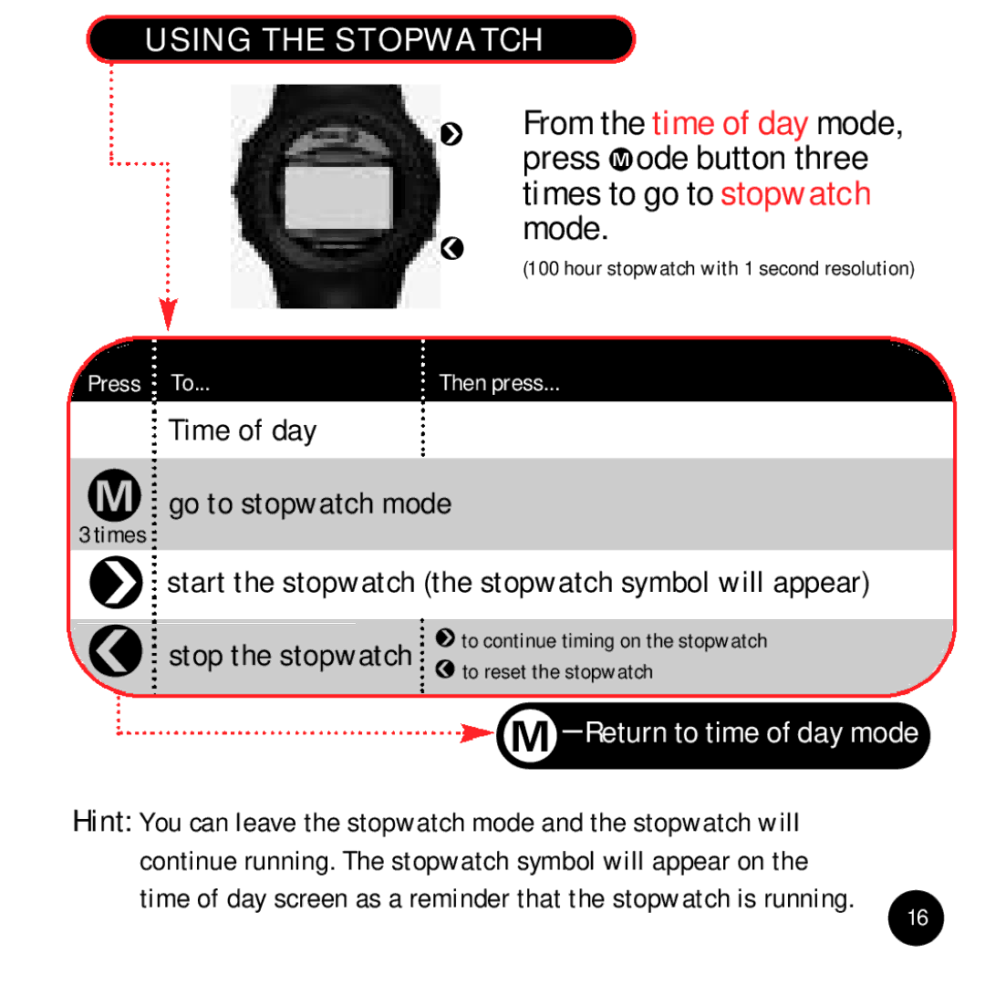 Timex Beepwear manual Time of day Go to stopwatch mode, Stop the stopwatch, Using the Stopwatch 