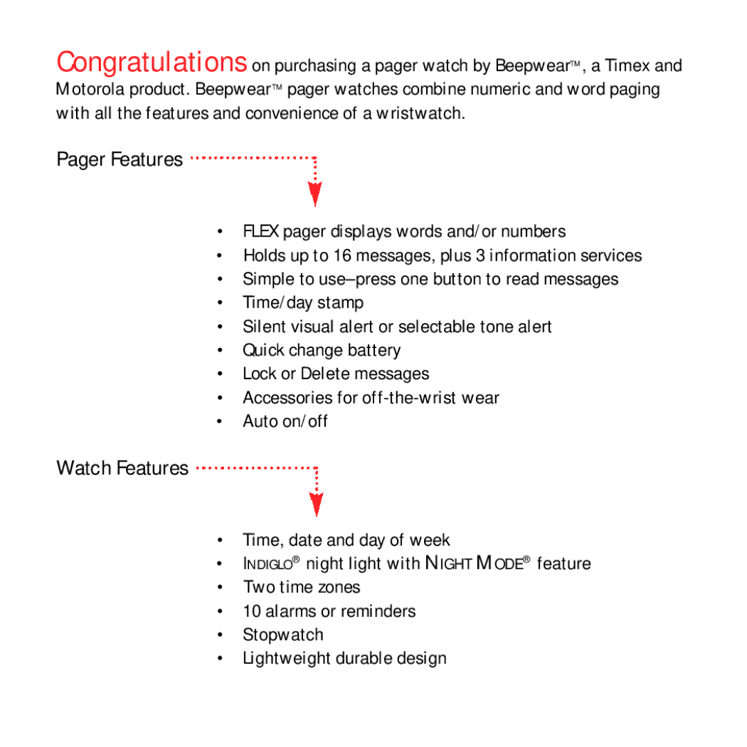 Timex Beepwear manual Pager Features 