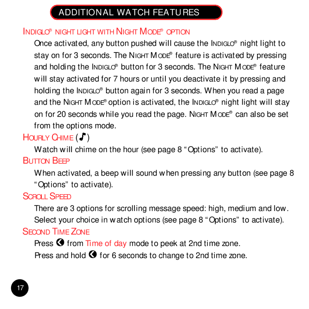 Timex Beepwear manual Watch will chime on the hour see page 8 Options to activate 