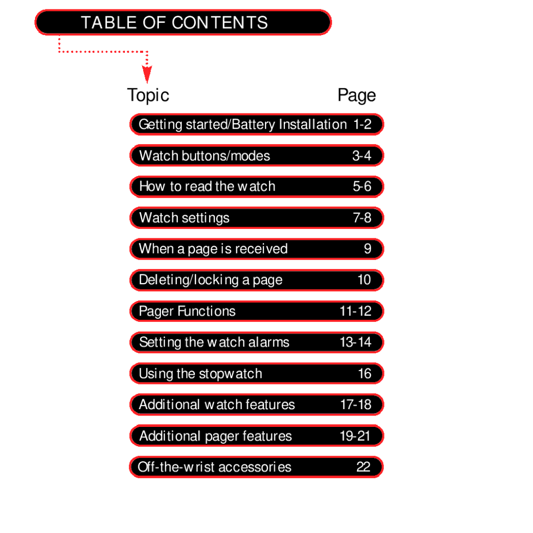 Timex Beepwear manual TopicPage, Table of Contents 