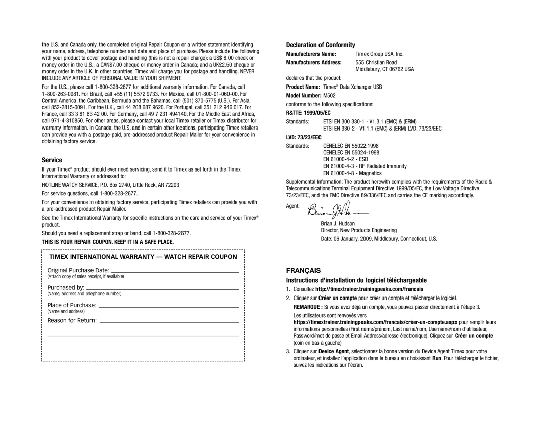 Timex DATAX4 Service, Declaration of Conformity, Français, Instructions d’installation du logiciel téléchargeable 