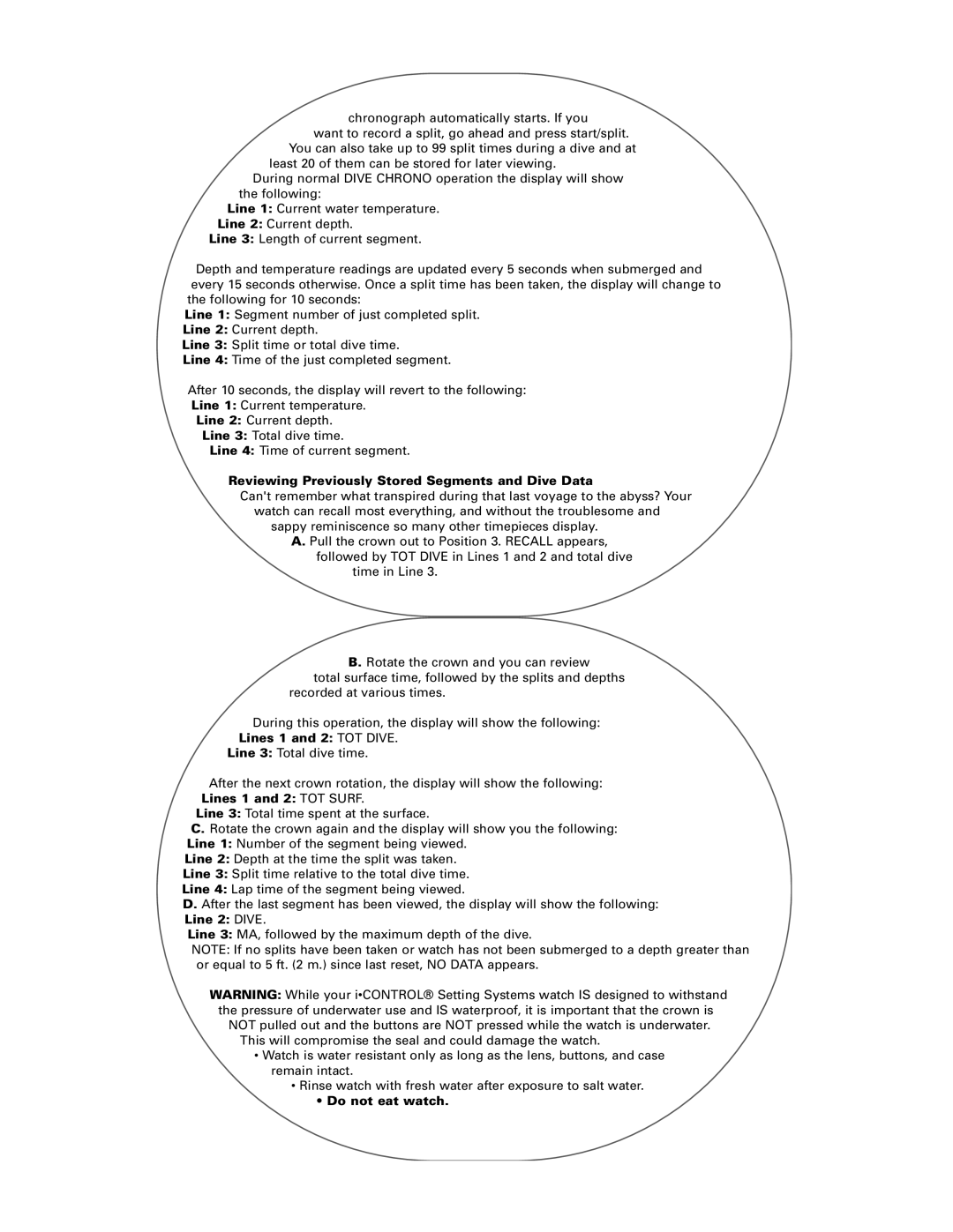 Timex Helix manual Reviewing Previously Stored Segments and Dive Data, Lines 1 and 2 TOT Dive, Do not eat watch 