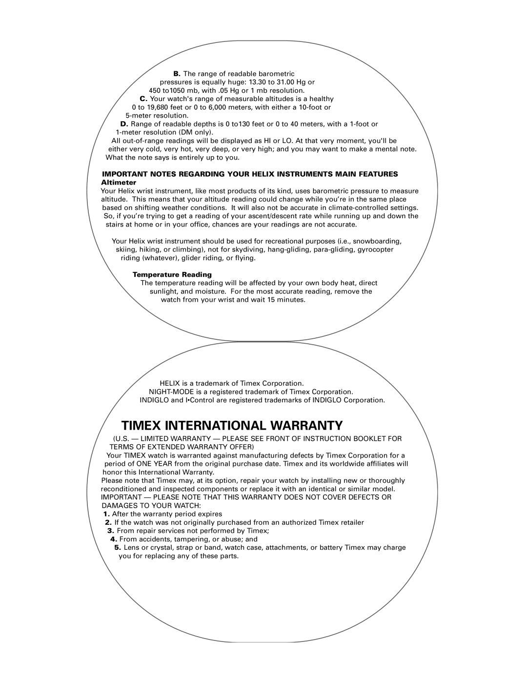 Timex Helix manual Timex International Warranty, Temperature Reading 