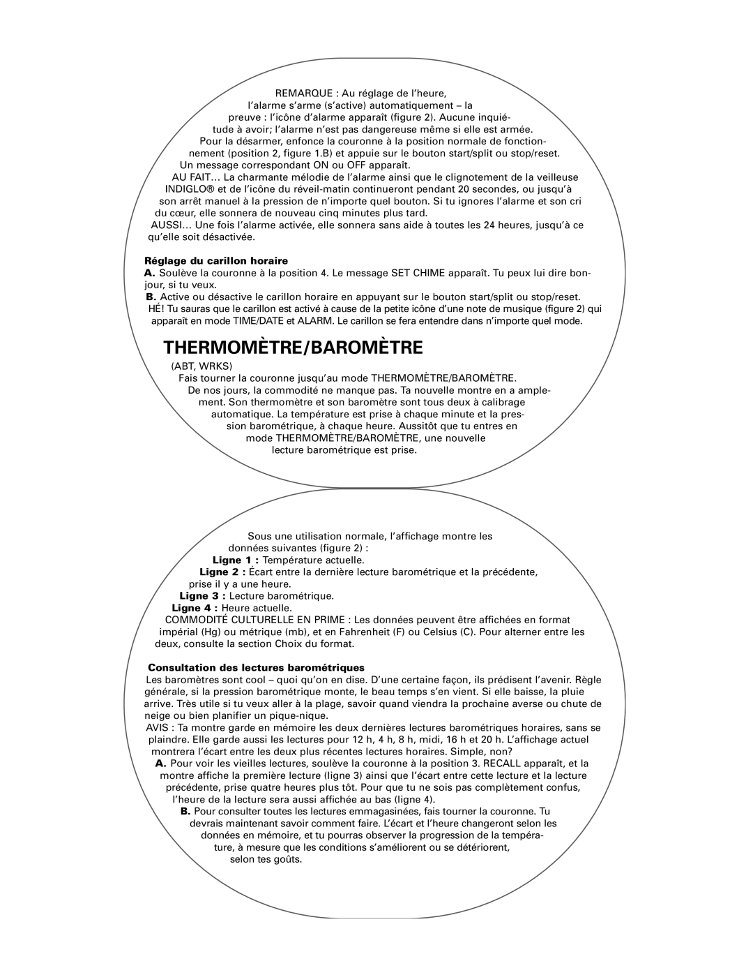 Timex Helix manual Thermomètre/Baromètre, Réglage du carillon horaire, Consultation des lectures barométriques 