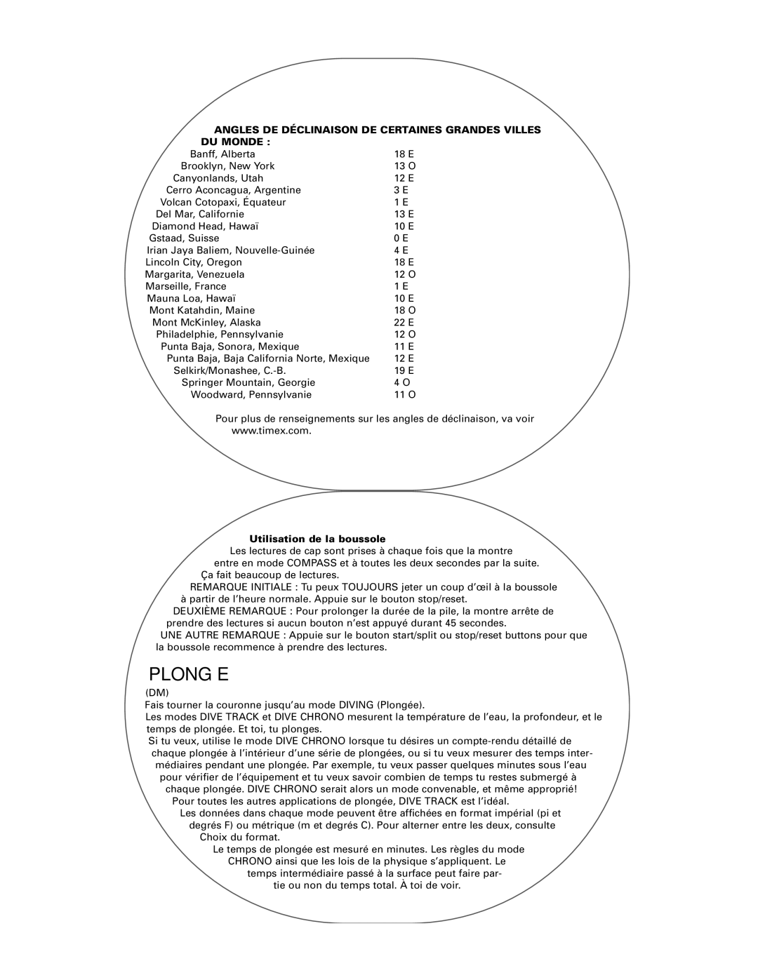 Timex Helix manual Plongée, Angles DE Déclinaison DE Certaines Grandes Villes DU Monde, Utilisation de la boussole 
