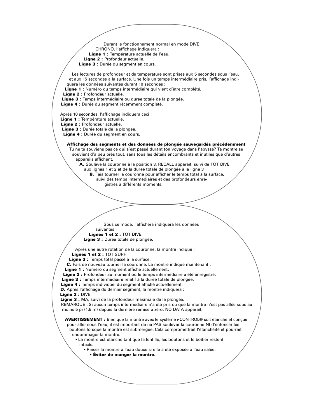 Timex Helix manual Lignes 1 et 2 TOT DIVE. Ligne 3 Durée totale de plongée, Éviter de manger la montre 