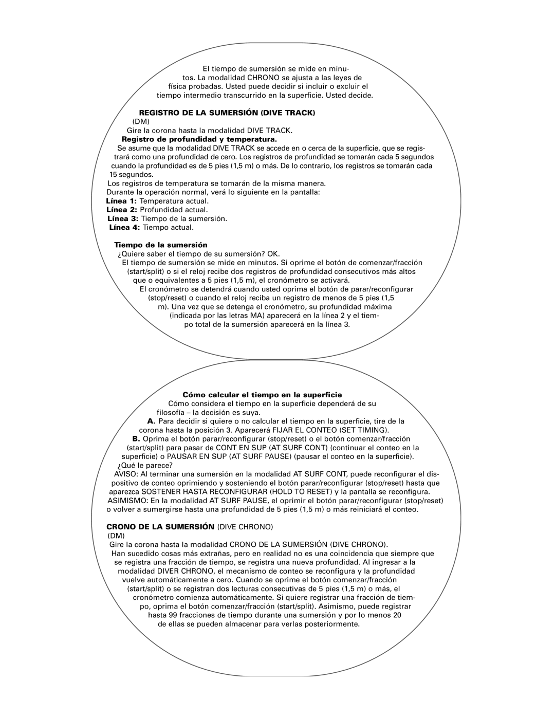 Timex Helix manual Registro DE LA Sumersión Dive Track DM, Registro de profundidad y temperatura, Tiempo de la sumersión 