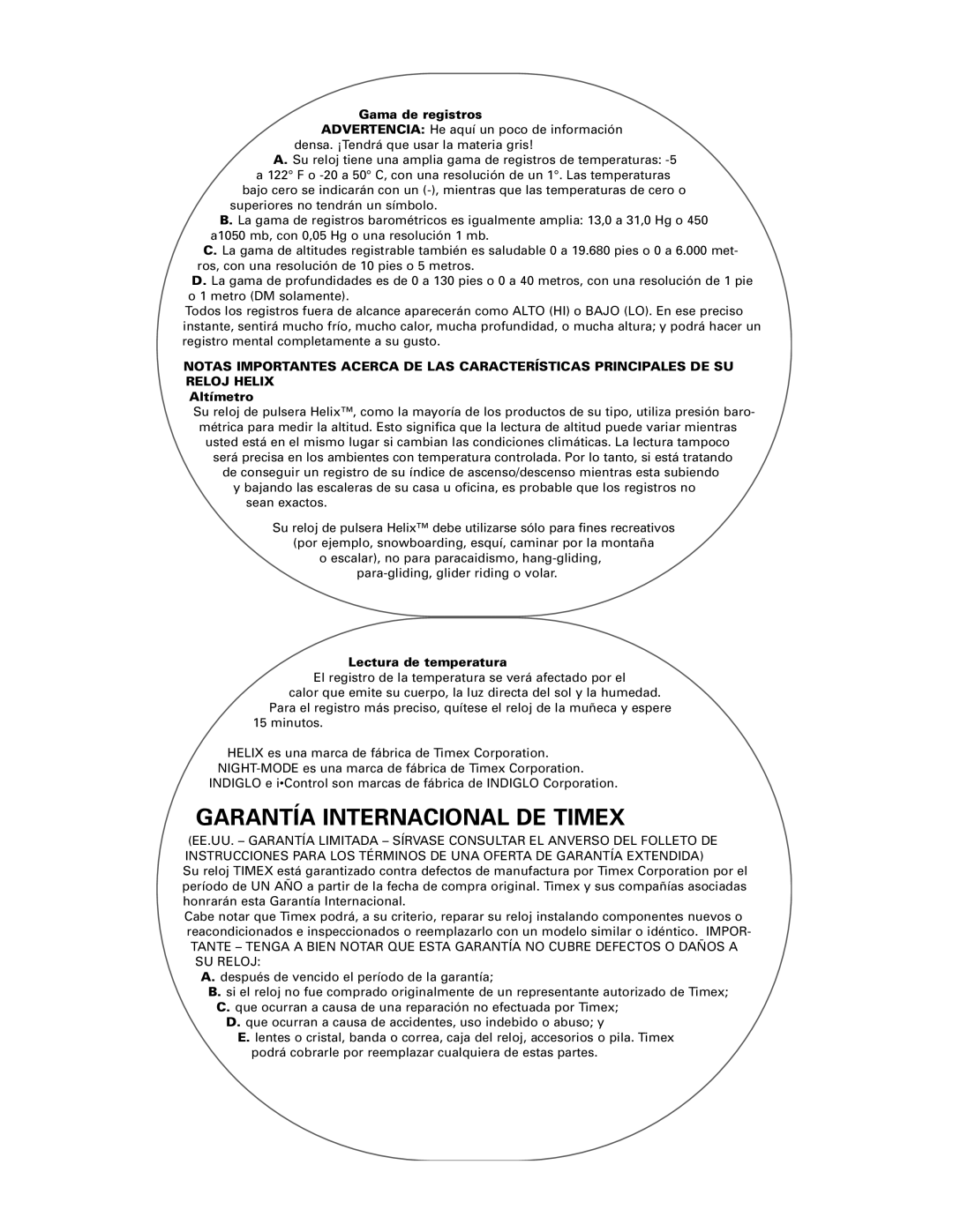 Timex Helix manual Garantía Internacional DE Timex, Gama de registros, Altímetro, Lectura de temperatura 