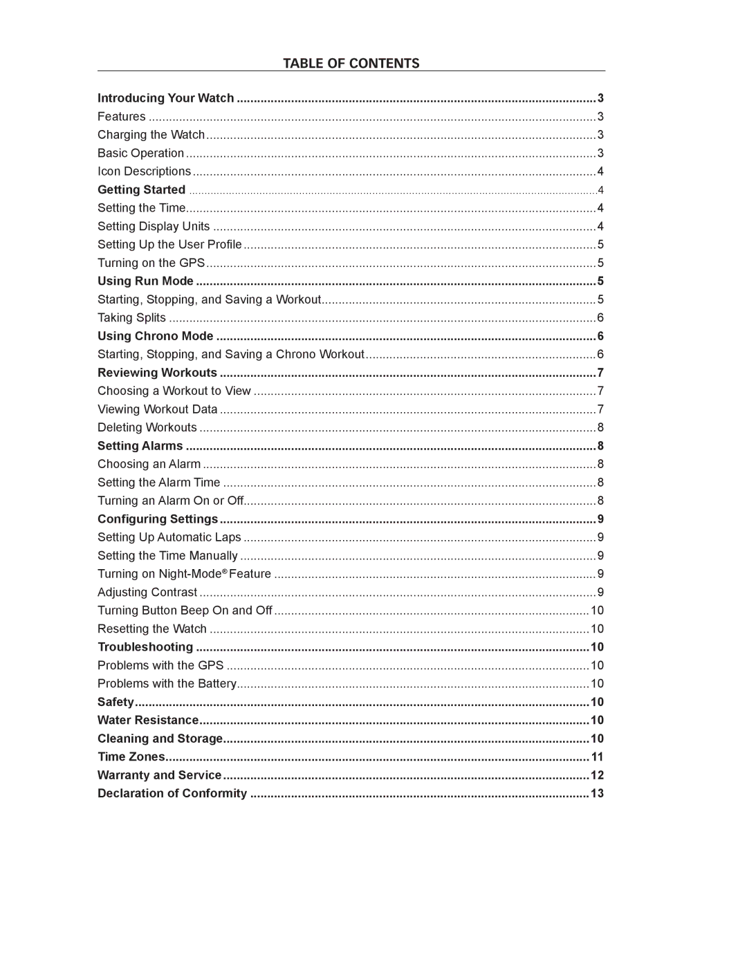 Timex M434 manual Table of Contents 