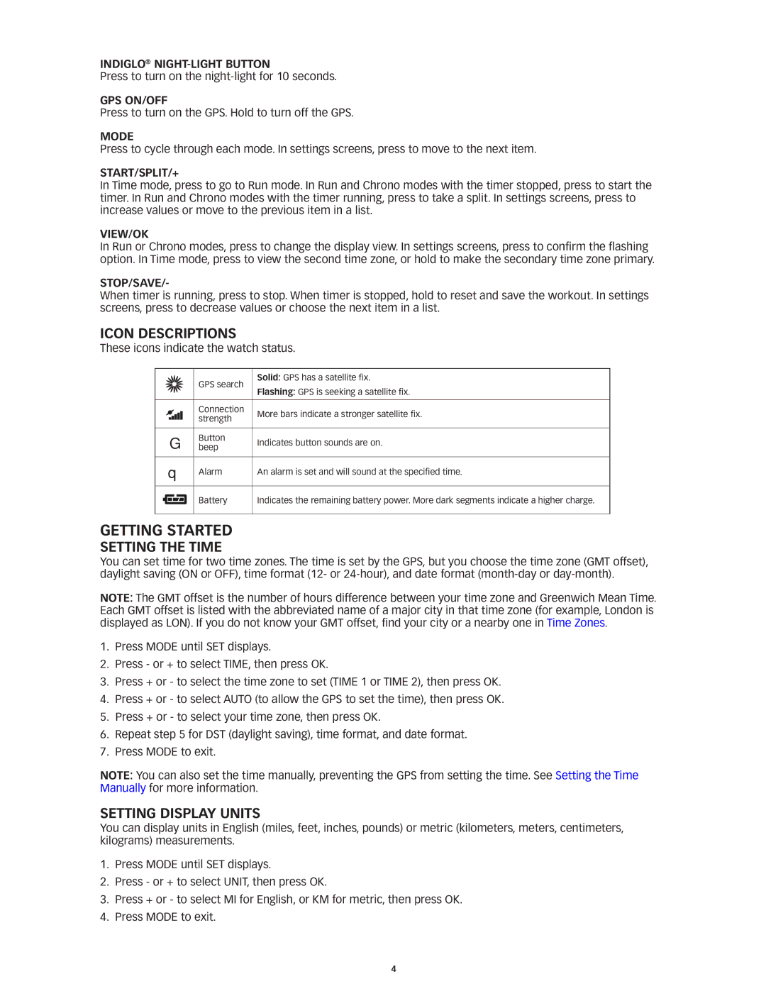 Timex M434 manual Getting Started, Icon Descriptions, Setting the Time, Setting Display Units 