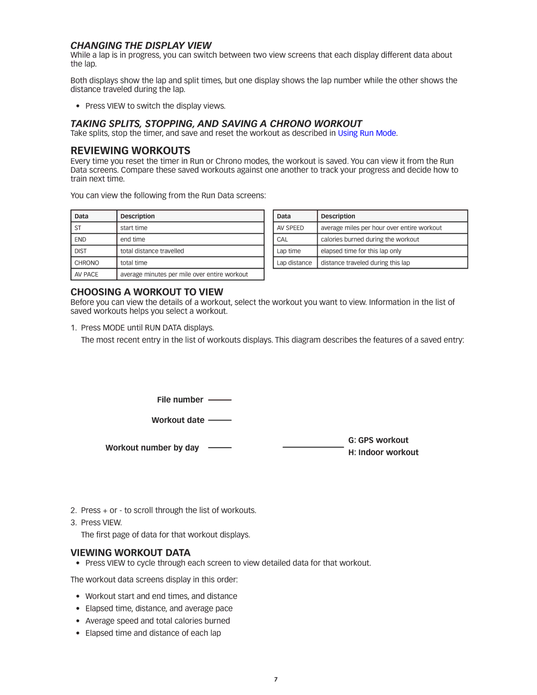 Timex M434 manual Reviewing Workouts, Taking Splits, Stopping, and Saving a Chrono Workout, Choosing a Workout to View 