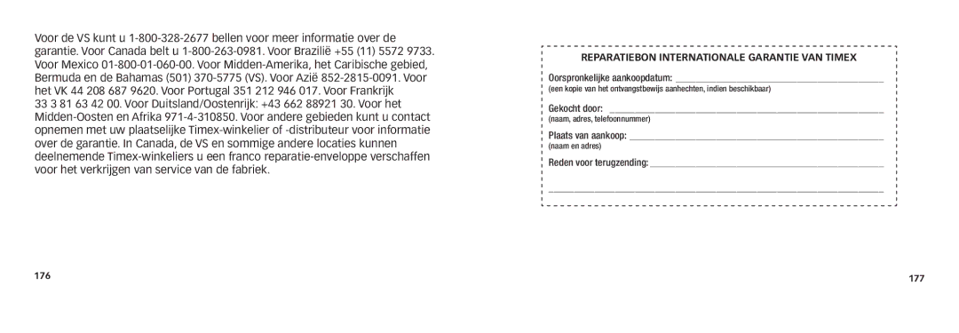 Timex M503, M242 quick start Reparatiebon Internationale Garantie VAN Timex 