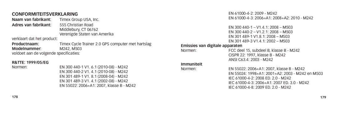 Timex M242, M503 quick start Conformiteitsverklaring 