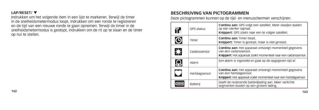 Timex M242, M503 quick start Beschrijving van pictogrammen, LAP/RESET/ q 