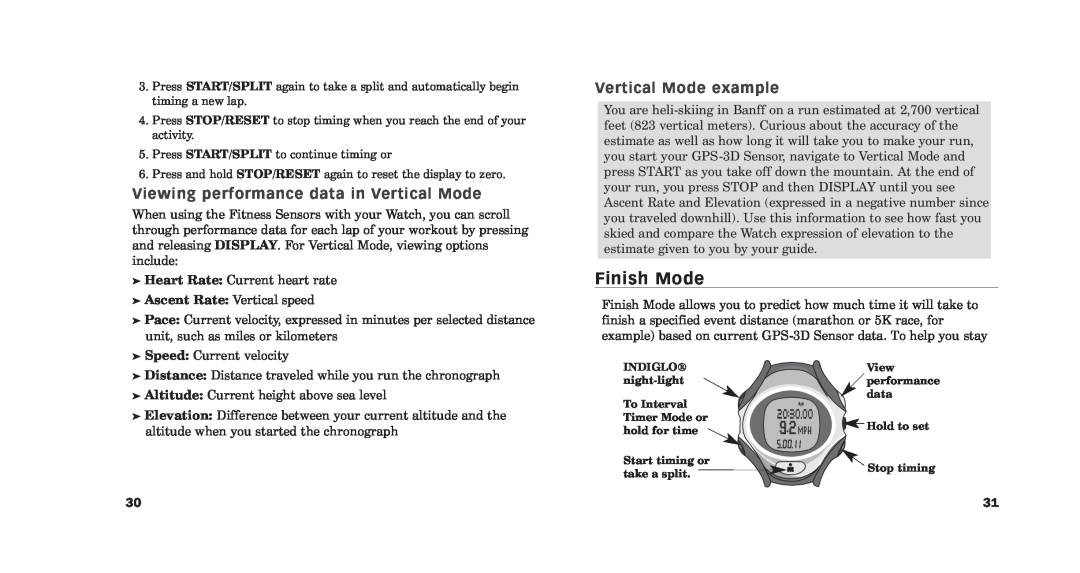 Timex M187, M640, M515, M579, M185, M576, M850 Finish Mode, Viewing performance data in Vertical Mode, Vertical Mode example 