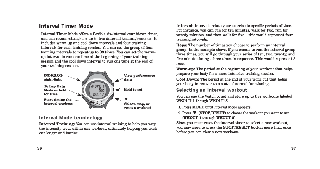 Timex M850, M640, M515, M579, M187, M185, M576 Interval Timer Mode, Interval Mode terminology, Selecting an interval workout 