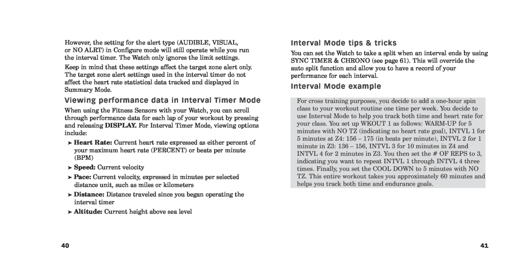 Timex M515, M640, M579 Viewing performance data in Interval Timer Mode, Interval Mode tips & tricks, Interval Mode example 
