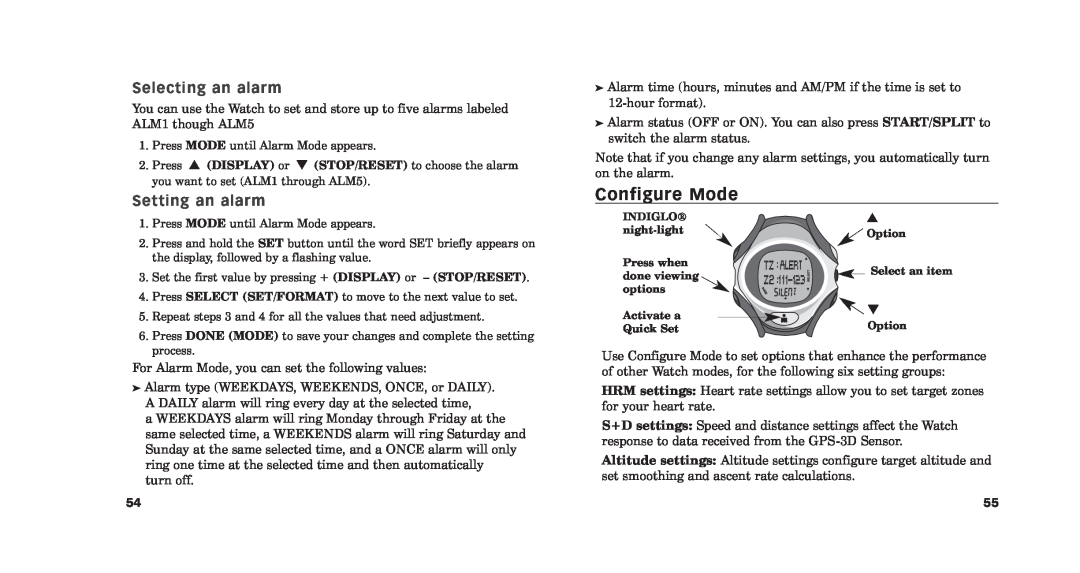 Timex M515, M640, M579, M187, M185, M576, M850 manual Configure Mode, Selecting an alarm, Setting an alarm 