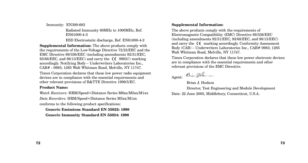 Timex M187, M640 Generic Emissions Standard EN, Generic Immunity Standard EN 55024, Supplemental Information, Product Name 