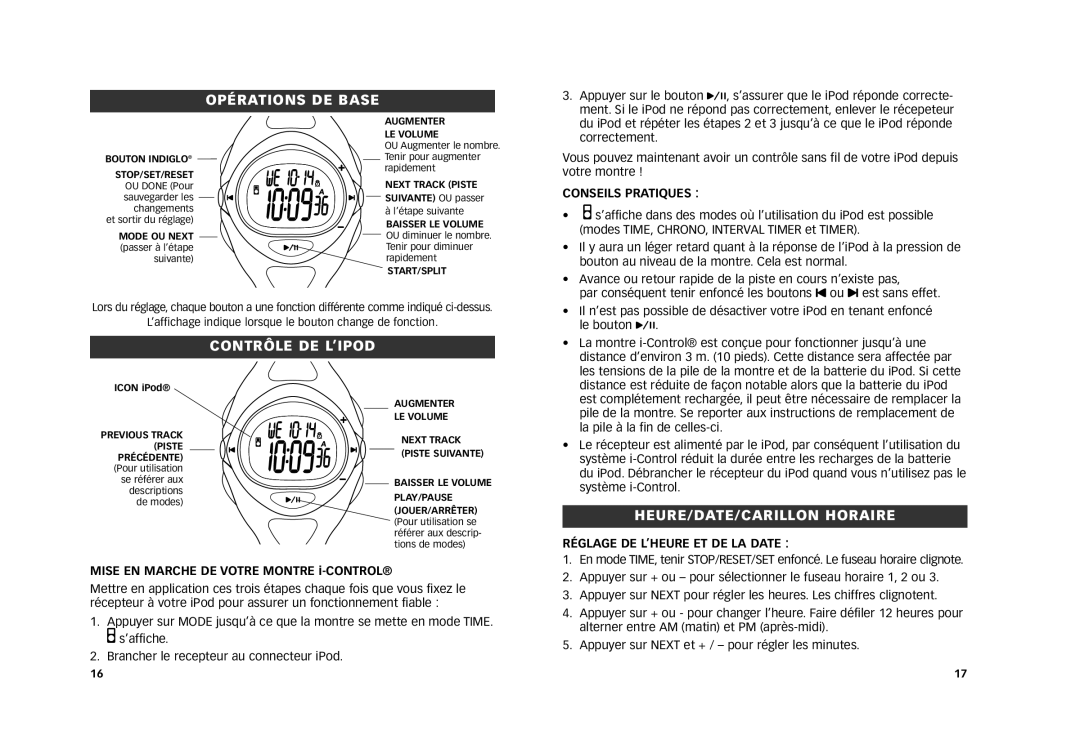 Timex M805 manual Opérations DE Base, Contrôle DE L’IPOD, HEURE/DATE/CARILLON Horaire, Conseils Pratiques 