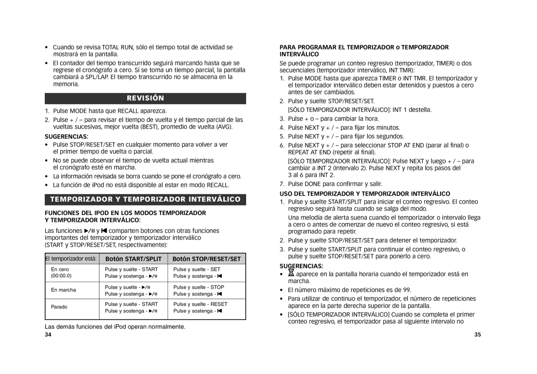 Timex M805 manual Revisión, Temporizador Y Temporizador Interválico, Botón START/SPLIT Botón STOP/RESET/SET 